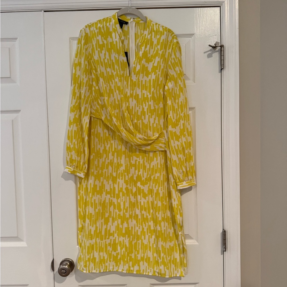 St. John Yellow and White Sheath Dress with Bishop Sleeves
